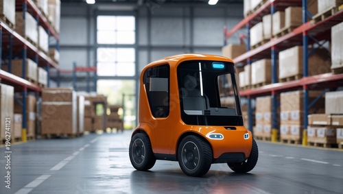 Small Orange Delivery Robot Moves Through a Large Storage Area Filled With Boxes and Shelves During Daylight Hours