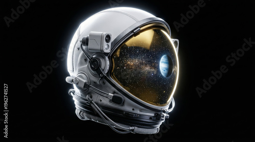 Astronaut helmet reflecting galaxy and planet exploration
