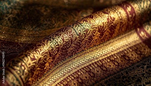 Close-Up Songket Fabric with Gold Thread Weaving