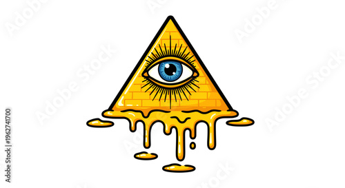 All seeing eye within a golden pyramid dripping liquid on white background