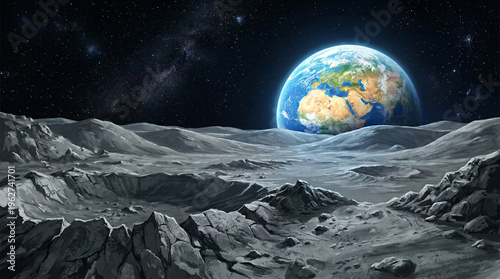 Earth rising over cratered moon surface in space