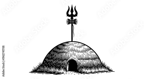 Spiritual hut with trident symbol on top ancient dwelling