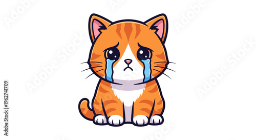 Sad orange tabby kitten crying with tears isolated on white background