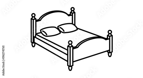 Classic four poster bed with pillows line art illustration