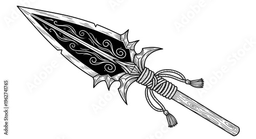 Ornate spearhead with decorative swirls and tassels ancient weapon illustration