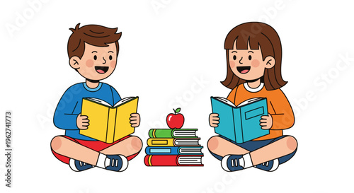 Children reading books together illustrative style