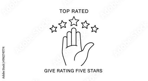 Top rated concept with five stars and hand gesture. Illustration of customer review, feedback, and high-quality service.