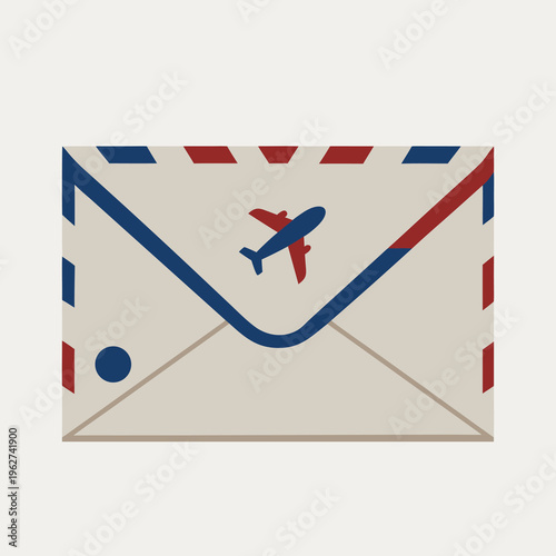 Vector illustration of a closed airmail envelope featuring a red and blue striped border and dark blue airplane icon