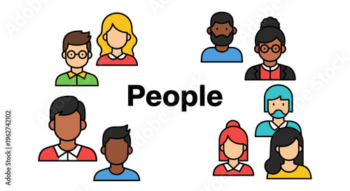 Diverse group of people avatars, flat line vector illustration of various characters and ethnic backgrounds.