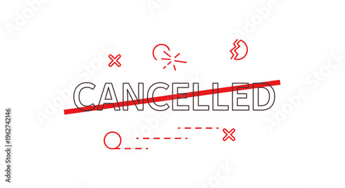 Cancelled text with red strike through line, minimalist vector illustration for cancellation or rejection concept.
