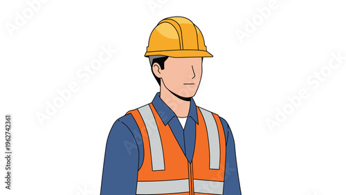 Vector illustration of a male construction worker wearing a yellow hard hat and orange safety vest, industrial labor avatar.