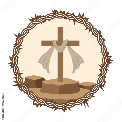 Good Friday illustration background with cross and shroud on rocks and crown of thorns frame