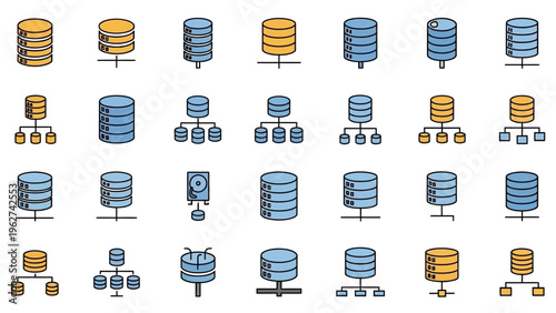 Database Icons Set Representing Data Storage and Management.