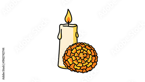 Burning candle and orange marigold flower vector illustration.