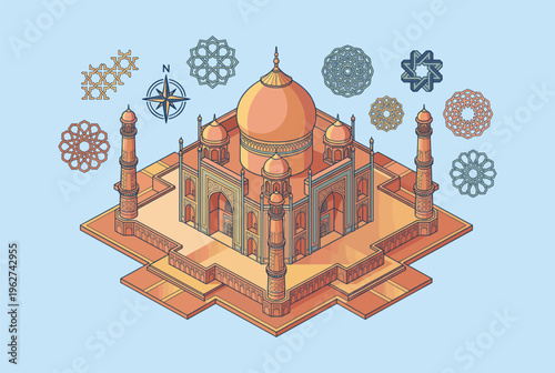 Isometric Taj Mahal India with Islamic Patterns & Compass Vector