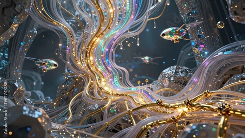 Futuristic glowing filaments with spacecraft in cosmic environment