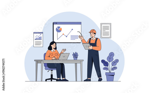 Office teammates presenting analytics to colleague at desk.