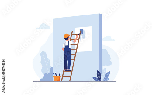 Painter on ladder applying blue wall paint with roller.