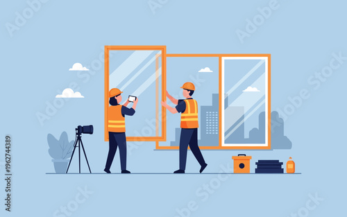 Construction workers installing sliding window glass with tools.