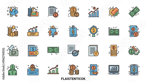 Financial Icons Collection Representing Money and Business Concepts.