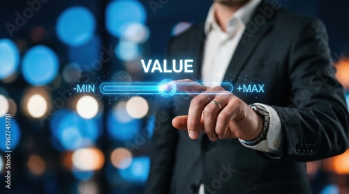 Businessman adjusting glowing blue digital value slider on futuristic screen with abstract background for strategic optimization and business growth