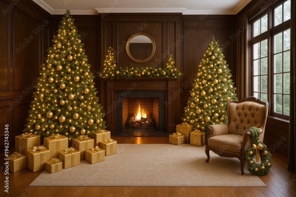 Fototapeta premium Elegant Christmas Living Room with Fireplace, Trees, Gifts, and Cozy Armchair, Perfect for Holiday Decor