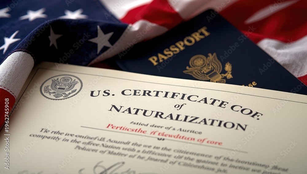 Fototapeta premium Close-up of US Naturalization Certificate featuring US flag and Passport