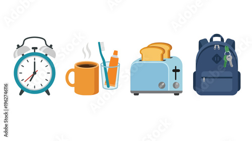 A visual representation of a typical morning routine featuring an alarm clock, a hot beverage, dental hygiene items, a toaster with toast, and a backpack.