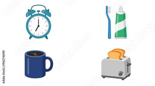 A collection of everyday items representing a typical morning routine, including an alarm clock, toothbrush, coffee mug, and toaster with toast.