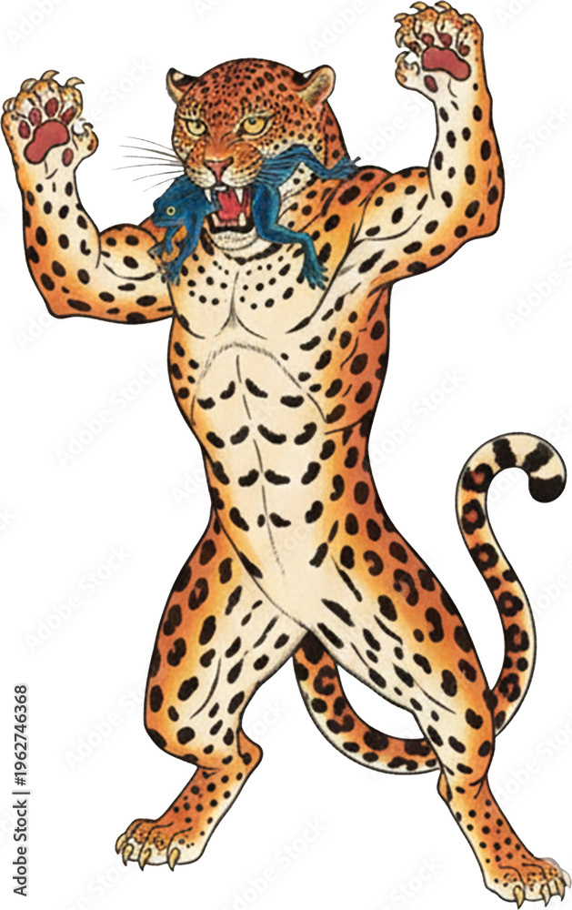 Obraz premium A fierce spotted leopard crouches low catching a vivid blue frog in its jaws.