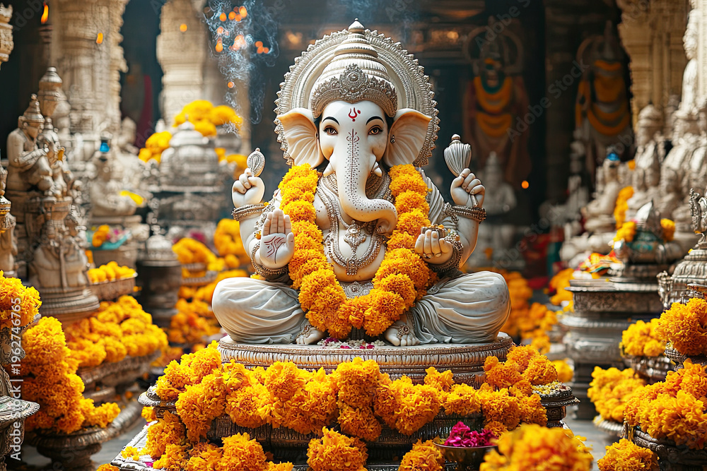Fototapeta premium A detailed statue of Lord Ganesha adorned with vibrant marigold garlands in a richly decorated temple setting.