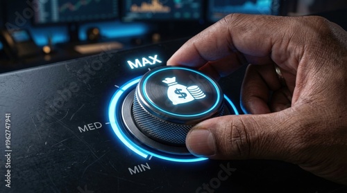 A focused hand adjusts a glowing money control knob to maximum in a dark high tech financial office with market graphs on screens