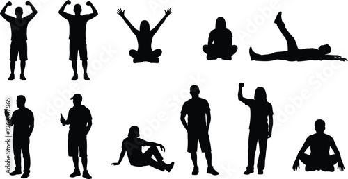 Active people silhouettes set fitness and casual poses, standing sitting stretching isolated black vector illustration for lifestyle, sport and wellness design