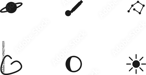 A set of six minimalist black and white icons representing various celestial objects and space exploration