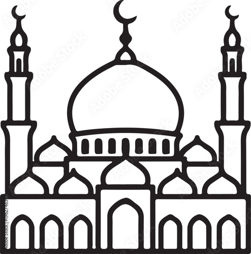 Mosque Outline Silhouette Islamic Architecture Line Art Vector Illustration