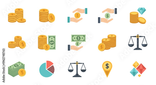 Financial Icons Representing Money Transactions and Investments.