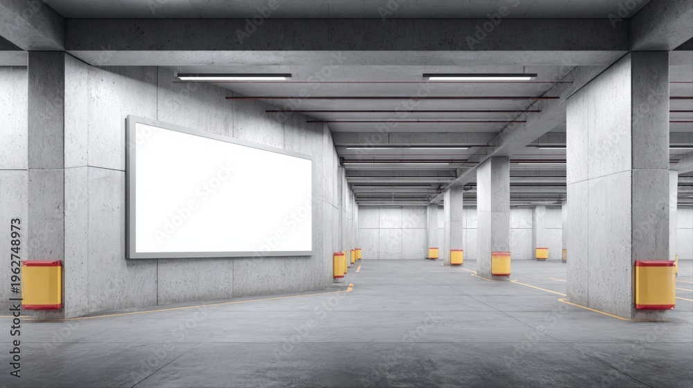 Obraz premium Underground Parking Garage with Concrete Columns and Blank Billboard, Mockup for Advertisement, Modern Urban Space