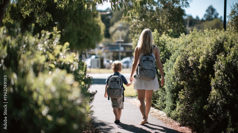 custom made wallpaper toronto digitalMother and Son Walking to School Together on a Sunny Day, Holding Hands and Wearing Backpacks