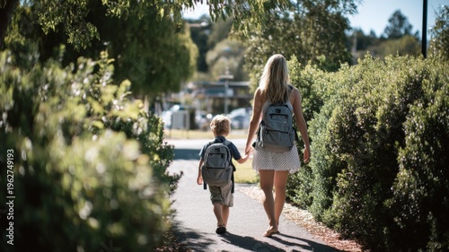 Wallpaper Mural Mother and Son Walking to School Together on a Sunny Day, Holding Hands and Wearing Backpacks Torontodigital.ca