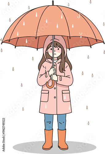 Cute girl holding umbrella in rain, cartoon child wearing coat and boots, rainy weather illustration isolated on white background