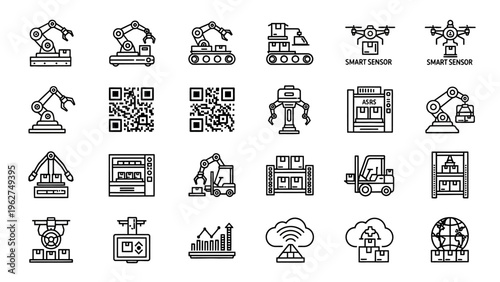 Industrial Automation Icons Set Robotic Arms QR Codes Drones.