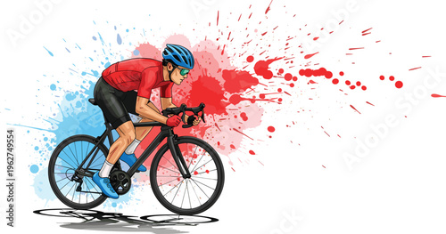 Cyclist riding road bike, dynamic athlete racing with speed, colorful splashes background, sports illustration isolated on white vector design