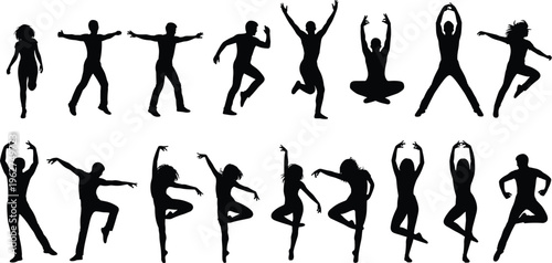 Dancing people silhouettes set, men and women performing dynamic moves, energetic poses isolated black vector illustration collection for fitness