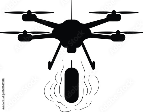 Drone dropping bomb silhouette, aerial attack concept with UAV, black vector illustration isolated on white background for security theme