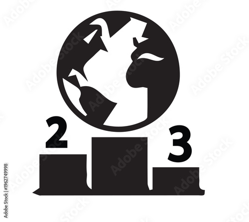 Global award, podium, trophy, earth icon, black vector graphics
