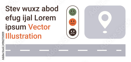 Transportation, navigation, urban planning, route optimization, traffic laws, location services. Traffic light icons with emotions and a pin marker by the road. Transportation and navigation concept