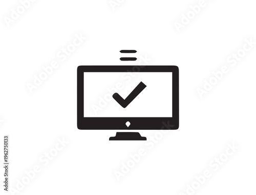 Computer monitor icon, checkmark symbol, black vector graphic, web success sign