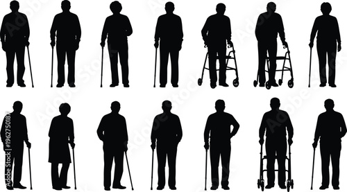 Elderly people silhouettes set, seniors with cane and walker, aging support and mobility concept isolated black vector illustration collection