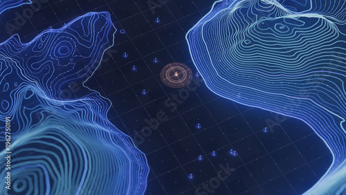 High tech mapping, HUD dashboard, volumetric terrain mesh, concentric radar