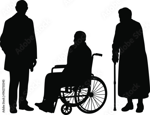 Elderly people silhouettes, senior man and woman with wheelchair and cane, healthcare support concept isolated black vector illustration design